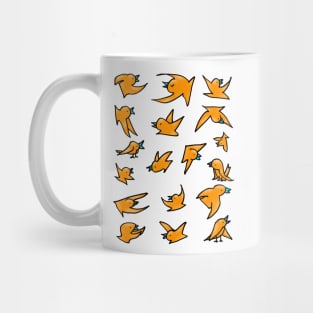 Flock of orange birds with blue beaks happily chirping and flying Mug